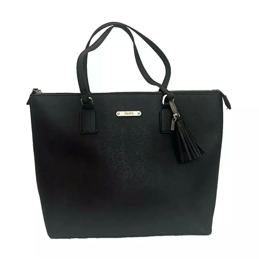 Totto Carinae Medium Tote‎ Bag Black Polyvinyl Roomy Travel Office Casual Tassel